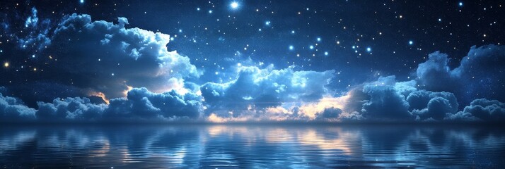 Wall Mural - a serene and dreamy night sky with fluffy clouds and twinkling stars reflecting in the calm waters b