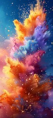 Canvas Print - Exploding burst of colorful powder particles form dynamic and vibrant patterns, suspended in mid-air with a blue background.