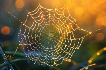Misty Morning Spider Web with Dew Drops