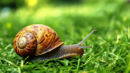 A snail with a brown and yellow shell crawls slowly across a bed of vibrant green grass, showcasing its determination and resilience in nature. The image symbolizes slow progress, persistence, and the