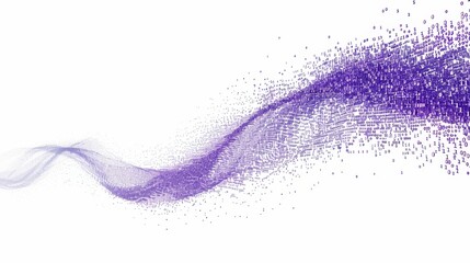 Purple particles form a wave representing data flow and digital connectivity, set against a clean, white background for a modern visual effect.