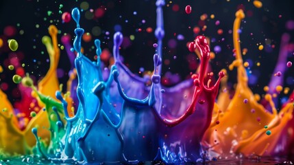 Poster - Rainbow-colored paints splash dramatically in mid-air against a black background, creating an eye-catching and dynamic display of color and motion.