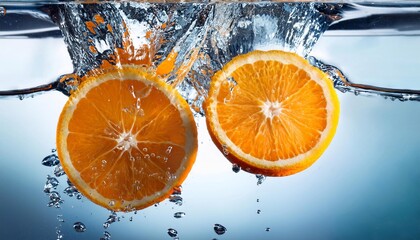 orange falling into water, splashes and drops of water. advertising concept for fruit juices.
