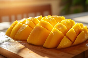 Wall Mural - A large piece of mango is cut into slices and placed on a wooden cutting board