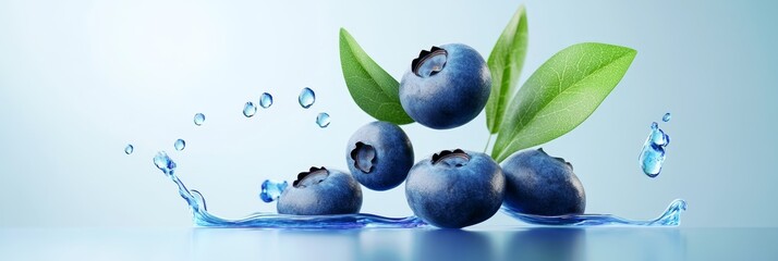 A vibrant 3D illustration of juicy blueberries splashing into water, symbolizing freshness, purity, health, and the bounty of nature.