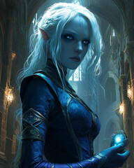 Wall Mural - elven mage in a grand cathedral, her white hair and blue eyes glowing with magical energy, holding a powerful enchanted crystal