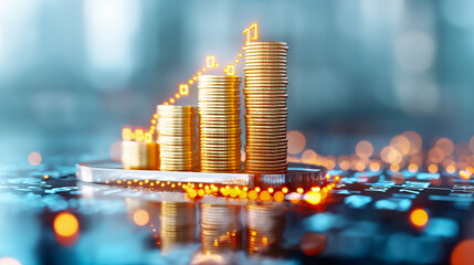 Poster - Golden coins are stacked in ascending order, symbolizing financial growth against a blurred, high-tech digital background. The setting suggests a corporate atmosphere focused on investment