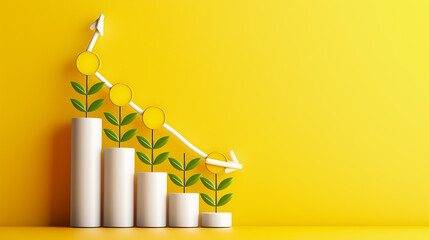 Poster - A growth chart shows increasing bars with plants at different heights, symbolizing financial progress, set against a vibrant yellow background
