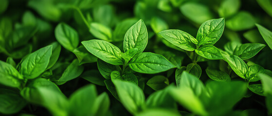 Close-up of fresh green herb leaves in a garden, perfect for nature, food, and health-related uses.