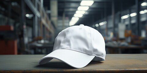 White cap cloth mock up with industrial background view