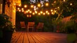 © Nima - A warm and inviting patio scene with string lights, wooden furniture, and a lush green backdrop. The soft glow of the lights creates a relaxing and romantic ambiance. The image conveys a sense of peac