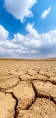 A vast, arid landscape with cracked earth under a bright blue sky filled with fluffy clouds. Symbolizes drought and climate change.