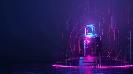 Canvas Print - A neon-lit padlock represents secure systems in the digital age, emphasizing the importance of cyber protection and online security.