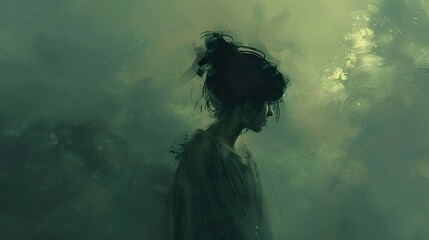 Wall Mural - Dreamy Portrait of a Woman in Green Haze