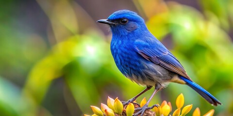 Vibrant Blue Bird Perched on Yellow Buds, Digital Painting, Close-up, Avian Beauty, bird, nature, wildlife