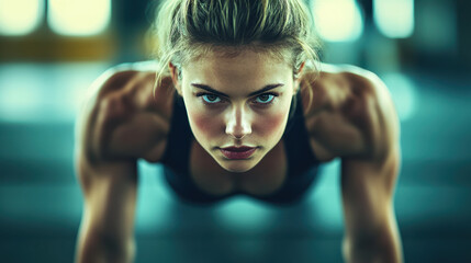 Wall Mural - A close-up photograph of a woman in a plank position, captured from the front with a wide-angle