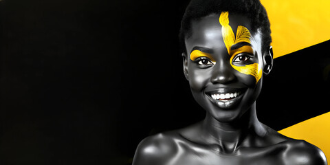 Black friday sale and shopping concept Woman with body paint. Cheerful young african girl with art bodypaint. An amazing model with yellow and black makeup