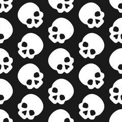 Wall Mural - White skulls on black background. Vector seamless pattern. Best for textile, print, wrapping paper, package and Halloween decoration.