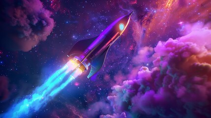 Sticker - A futuristic rocket hurtles through a stunning, colorful cosmic scene, leaving a bright, glowing trail behind it as it soars through space.