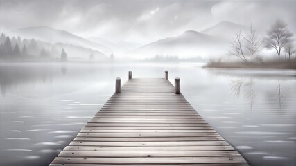 Minimalist Wooden Pier Extending into Misty Lake at Dawn