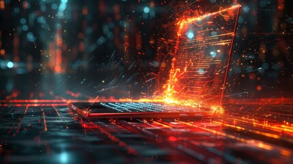 Poster - A striking futuristic laptop displaying glowing holographic visuals, representing advanced technology and innovation in a cyber environment.