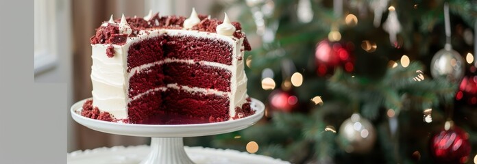 Red Velvet Cake with Christmas Tree Background