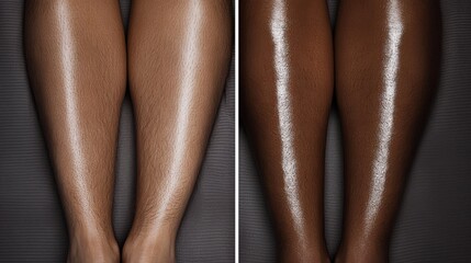 a close-up view of two pairs of legs highlighting contrasting skin tones side by side, emphasizing t