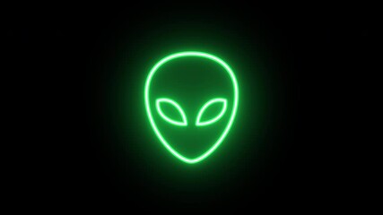 Poster - Neon ufo alien animation, uniform rotation with color blink. Glowing neon 3D martian head icon, looped spin. Space alien face, extraterrestrial, martian emoji, humanoid, alien stranger. 4 colors