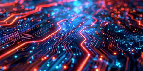 Wall Mural - This image displays a vibrant and intricate digital circuitry with neon colors, illustrating advanced data flow and futuristic technology.