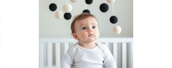 A curious baby sits in a crib, gazing at a playful mobile of soft, round shapes in black and white, perfect for nursery decor.