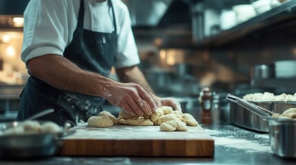 The cook in the kitchen grinds and kneads the dough for baking.