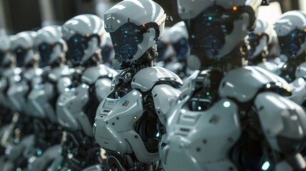 Poster - Futuristic cinematic ai robot workforce in a high-tech environment - digital illustration of advanced robotics operating in a modern industrial setting, perfect for technology, automation, and artific