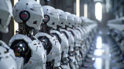 Poster - Futuristic cinematic ai robot workforce in a high-tech environment - digital illustration of advanced robotics operating in a modern industrial setting, perfect for technology, automation, and artific