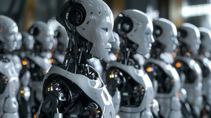 Poster - Futuristic cinematic ai robot workforce in a high-tech environment - digital illustration of advanced robotics operating in a modern industrial setting, perfect for technology, automation, and artific