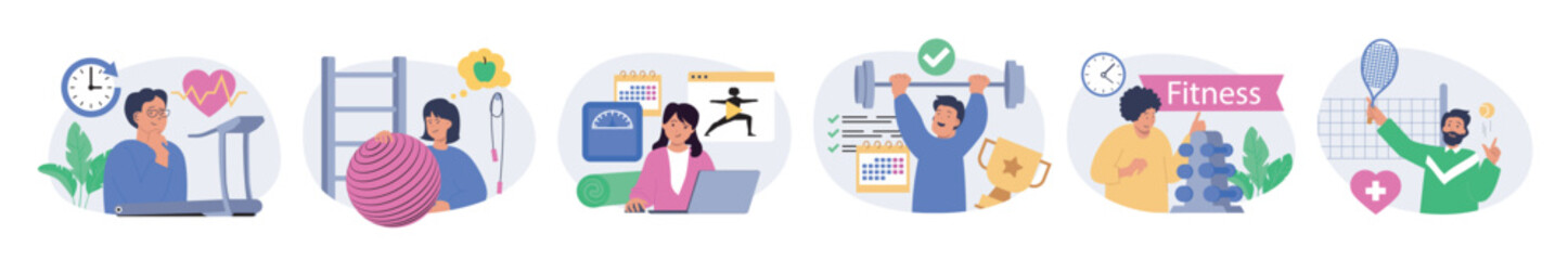 Aufkleber - Fitness concept set in flat design for web. Collection with people doing cardio training at treadmill, exercising with gym ball, lose weight, lifting barbell, playing tennis. Vector illustration.