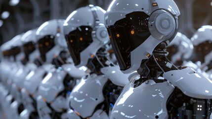Poster - Futuristic cinematic ai robot workforce in a high-tech environment - digital illustration of advanced robotics operating in a modern industrial setting, perfect for technology, automation, and artific