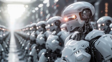 Poster - Futuristic cinematic ai robot workforce in a high-tech environment - digital illustration of advanced robotics operating in a modern industrial setting, perfect for technology, automation, and artific