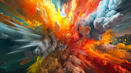 Wall Mural - A dynamic abstract image showcasing an explosion of vibrant colors like orange, yellow, and blue in a stunning composition.