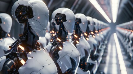 Poster - Futuristic cinematic ai robot workforce in a high-tech environment - digital illustration of advanced robotics operating in a modern industrial setting, perfect for technology, automation, and artific