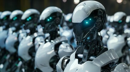 Poster - Futuristic cinematic ai robot workforce in a high-tech environment - digital illustration of advanced robotics operating in a modern industrial setting, perfect for technology, automation, and artific
