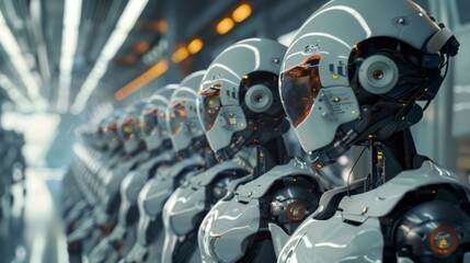 Poster - Futuristic cinematic ai robot workforce in a high-tech environment - digital illustration of advanced robotics operating in a modern industrial setting, perfect for technology, automation, and artific