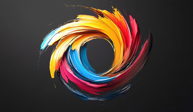 Abstract, colorful paint brush strokes in a spiral shape on a black background