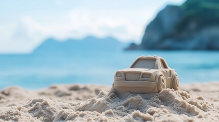 A sand sculpture shaped like a car sits on a sandy beach with a blurred ocean and mountain background, symbolizing creativity and summer dreams.