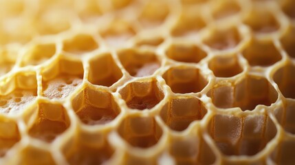 Wall Mural - Close-up macro image of a 3D honeycomb with hexagonal cells, capturing the precise geometric pattern and depth.