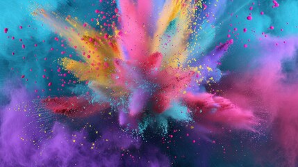 Wall Mural - An abstract visual spectacle with a dynamic explosion of colored powder, vividly showcasing a variety of bright colors against a contrasting background.