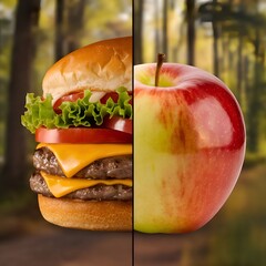 Image divided into two halves, burger and apple. Healthy vs unhealthy eating and lifestyle concept, decision on calories when losing weight, choice between fast food and fruit, good or bad, junk food 