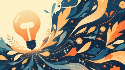 light bulb with flowing branches, idea spreading and growing, flat design illustration