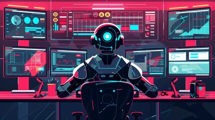 Poster - A robot is seated in front of an array of screens displaying data and analytics in a futuristic control room.