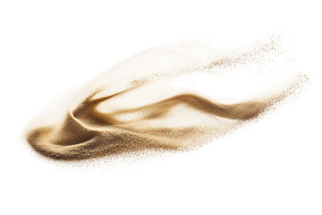 A swirl of fine sand particles is captured, illustrating dynamic movement and natural texture. The sandy hues create an organic and flowing appearance, suggesting fluidity. Transparent background PNG