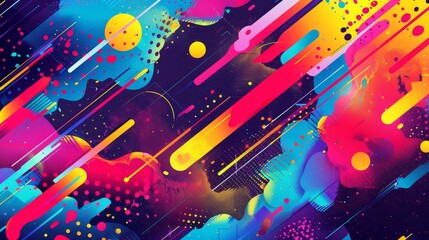 Wall Mural - A dynamic, vivid abstract pattern with a variety of colorful dashed lines, circles, and shapes on a dark background.